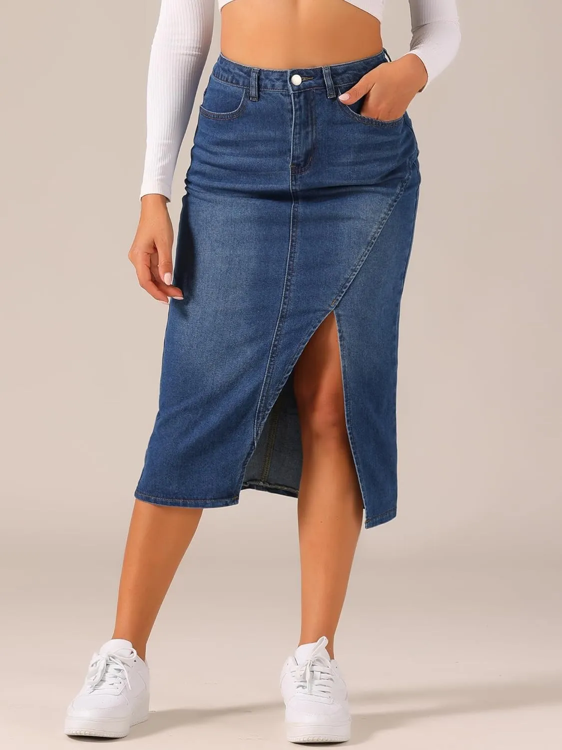 Allegra K Women's Casual Denim Skirt High Waisted Split Front Midi Jean Skirts