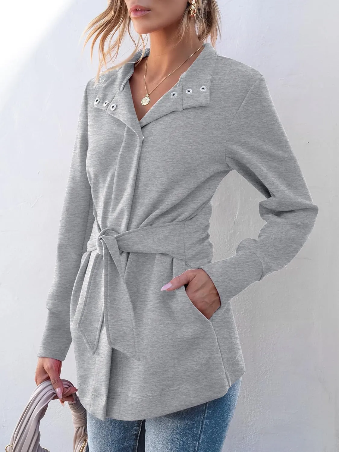 ANRABESS Womens Jacket Belted Casual Long Sleeve Wrap Trench Coat 2025 Spring Trendy Button Up Dressy Outerwear with Pockets
