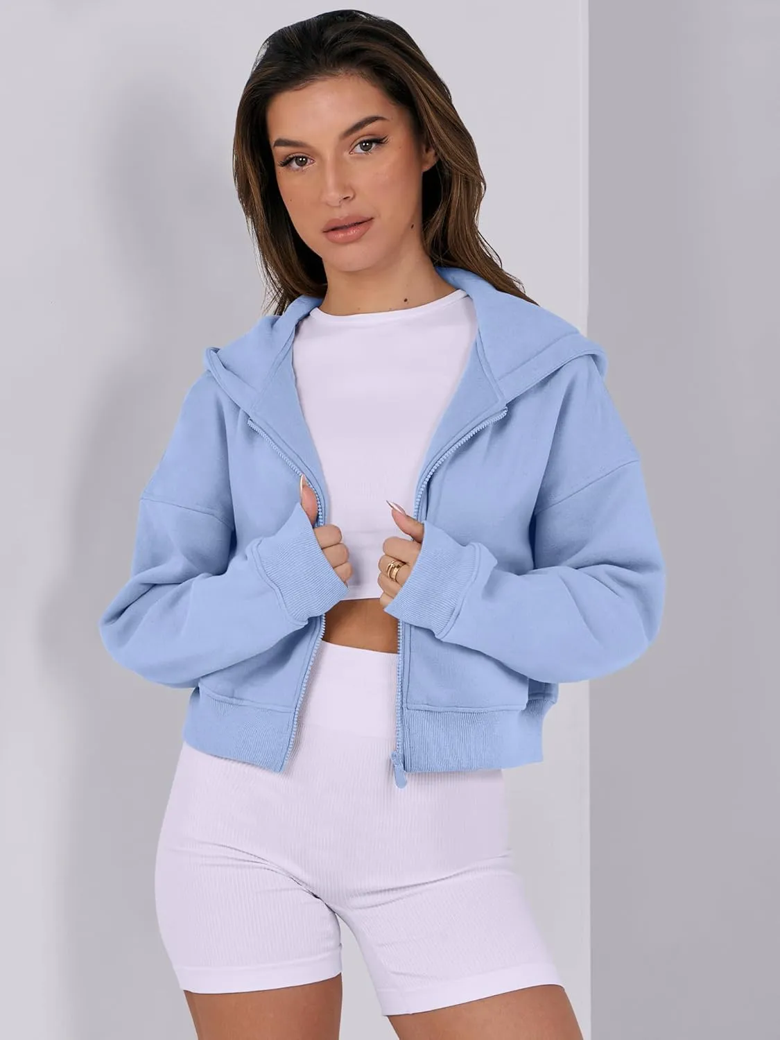 ANRABESS Womens Zip Up Crop Hoodie Sweatshirts 2024 Fall Trendy Long Sleeve Cropped Jacket Top Winter Teen Girls Clothes