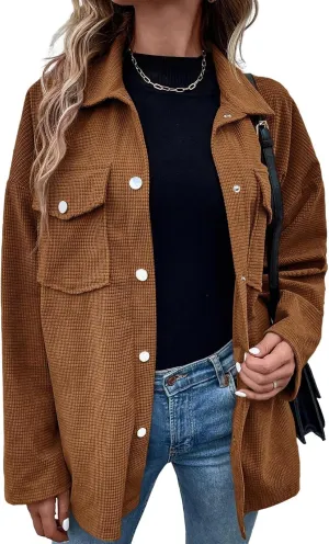 Astylish Womens Waffle Knit Long Shacket Jacket Oversized Casual Blouses Button Down Collared Dressy Shirts