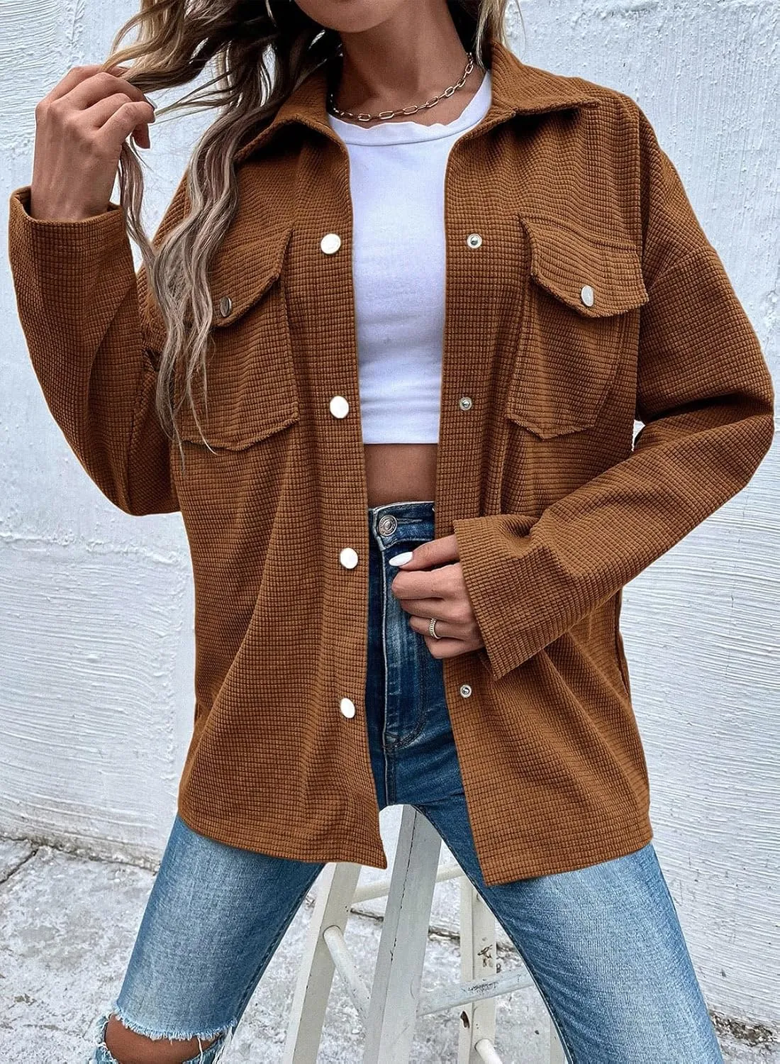 Astylish Womens Waffle Knit Long Shacket Jacket Oversized Casual Blouses Button Down Collared Dressy Shirts