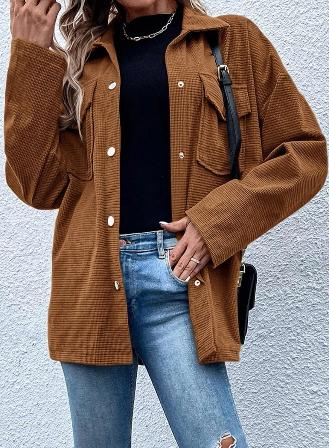 Astylish Womens Waffle Knit Long Shacket Jacket Oversized Casual Blouses Button Down Collared Dressy Shirts