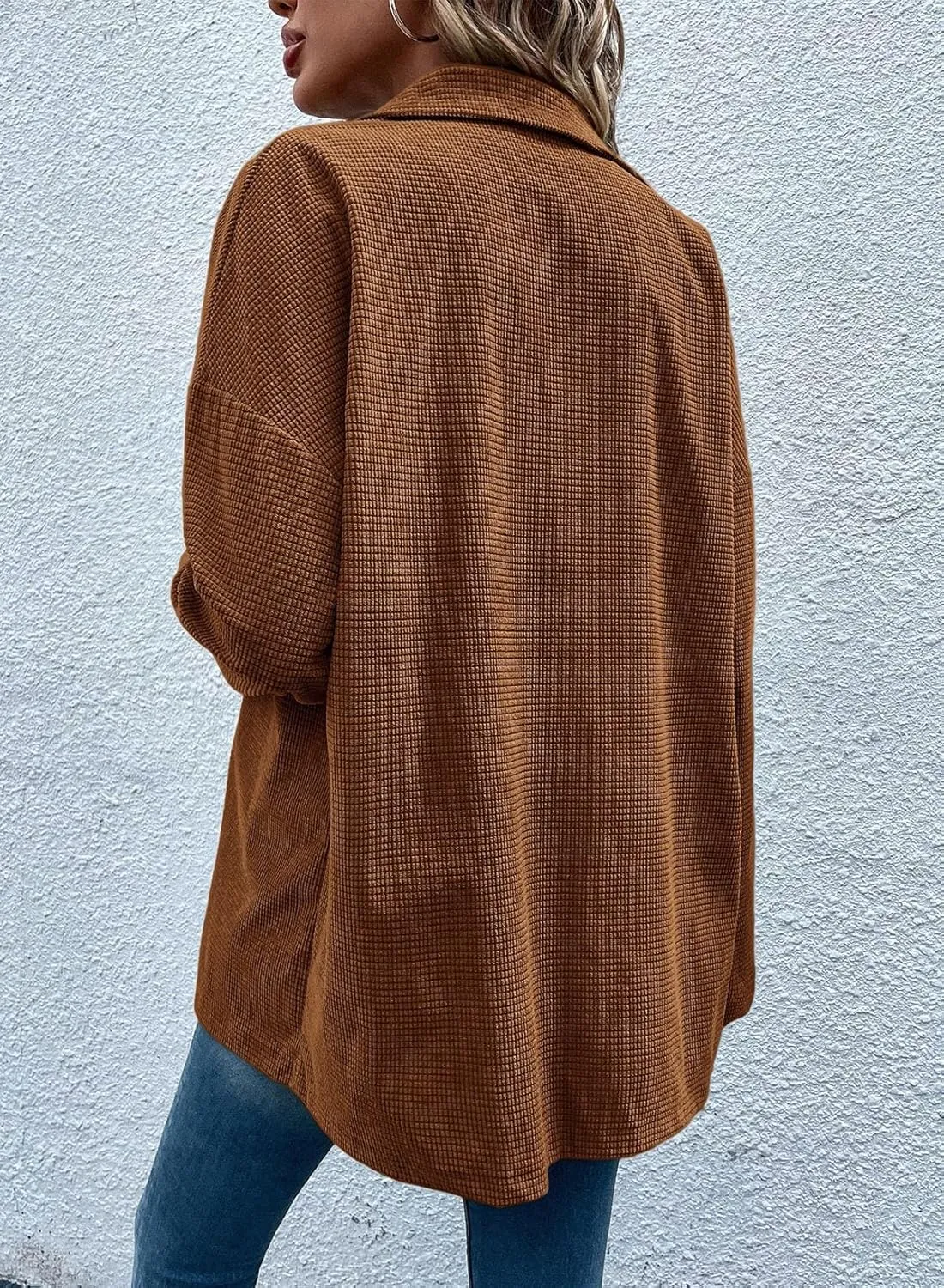 Astylish Womens Waffle Knit Long Shacket Jacket Oversized Casual Blouses Button Down Collared Dressy Shirts
