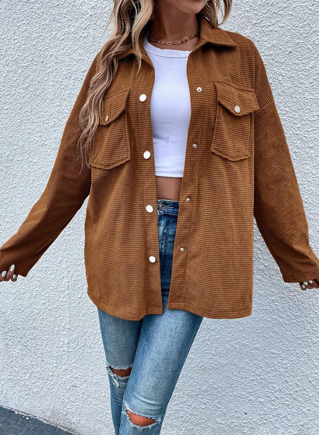 Astylish Womens Waffle Knit Long Shacket Jacket Oversized Casual Blouses Button Down Collared Dressy Shirts