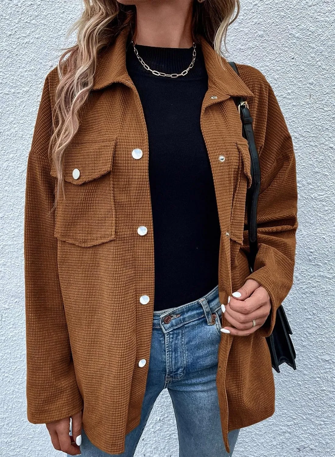 Astylish Womens Waffle Knit Long Shacket Jacket Oversized Casual Blouses Button Down Collared Dressy Shirts