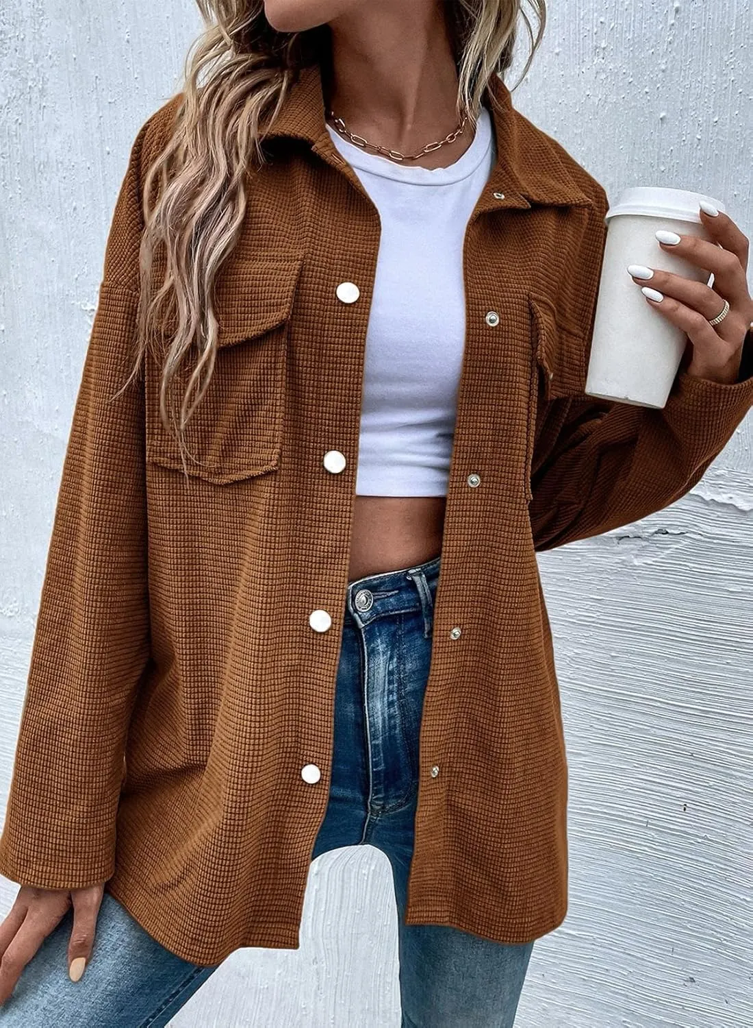 Astylish Womens Waffle Knit Long Shacket Jacket Oversized Casual Blouses Button Down Collared Dressy Shirts