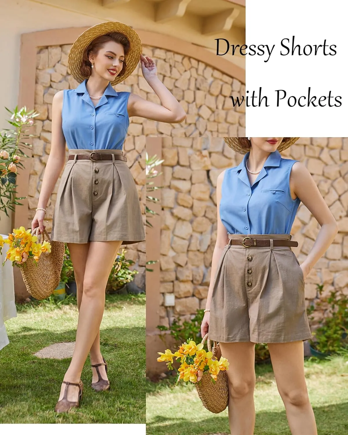 Belle Poque Womens Shorts Dressy Casual High Waisted Summer Pleated Wide Leg Shorts with Pockets and Belt