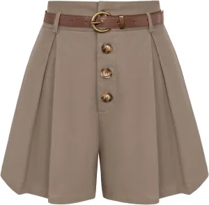 Belle Poque Womens Shorts Dressy Casual High Waisted Summer Pleated Wide Leg Shorts with Pockets and Belt