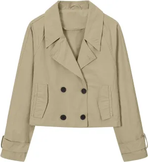 Betusline Womens Cropped Trench Coat Notched Lapel Double Breasted Short Jacket Outwear