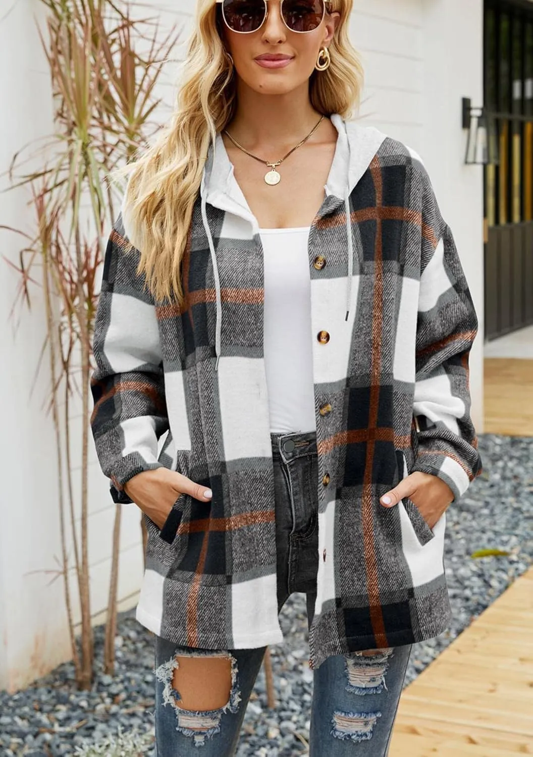BOFETA Womens Casual Plaid Flannel Hooded Shirt Jacket Button Down Shacket Cozy Coat With Pockets