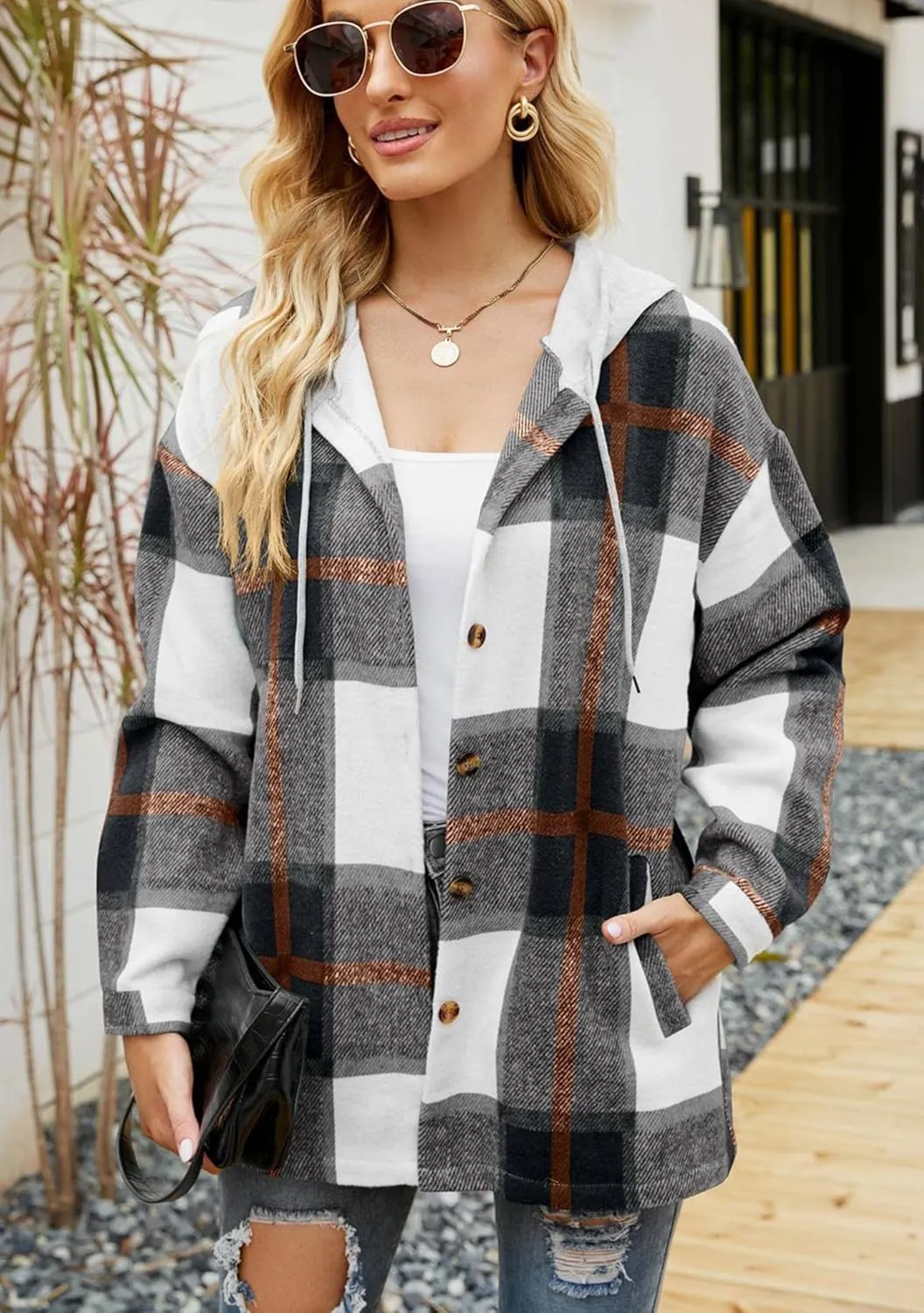 BOFETA Womens Casual Plaid Flannel Hooded Shirt Jacket Button Down Shacket Cozy Coat With Pockets