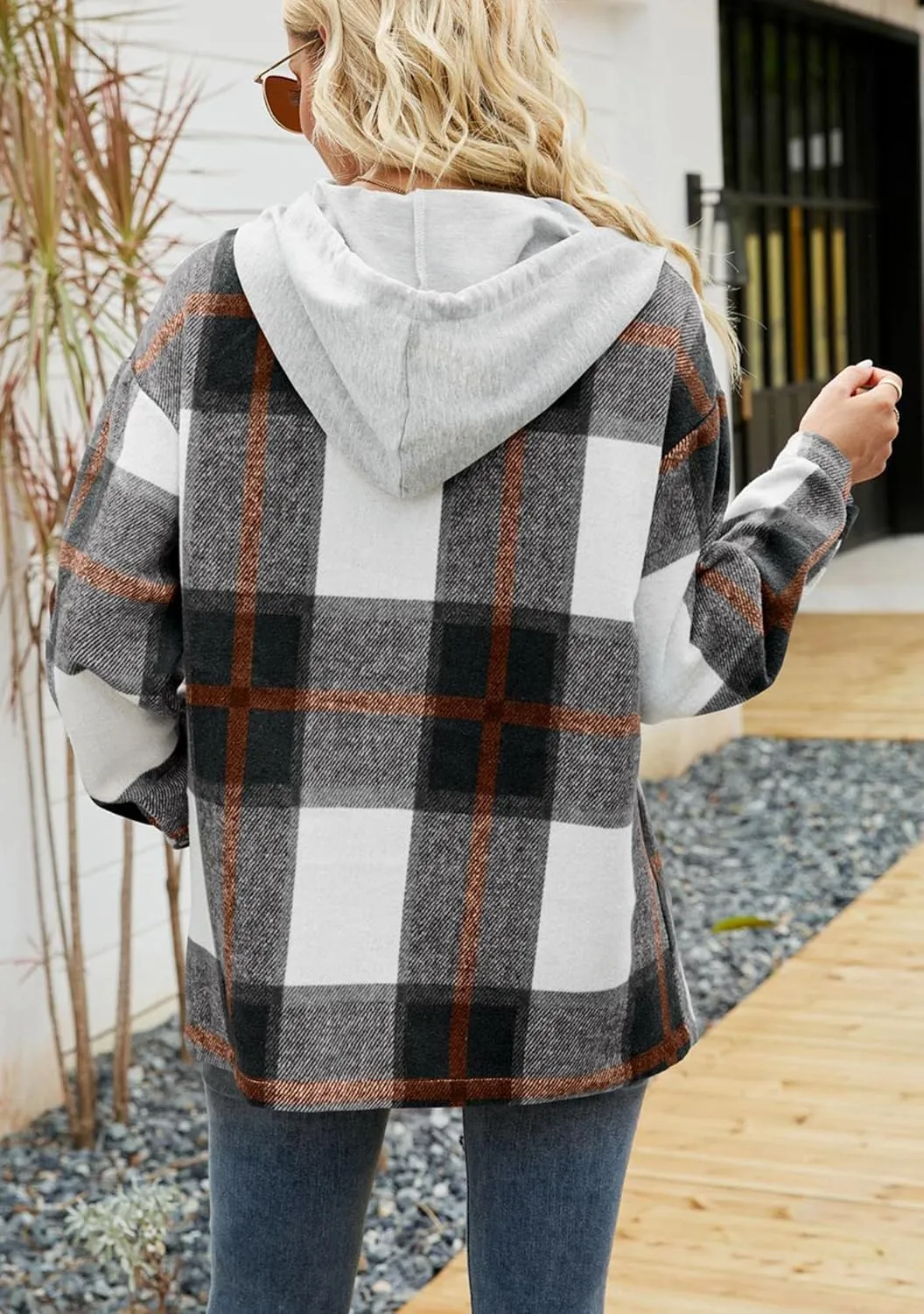 BOFETA Womens Casual Plaid Flannel Hooded Shirt Jacket Button Down Shacket Cozy Coat With Pockets