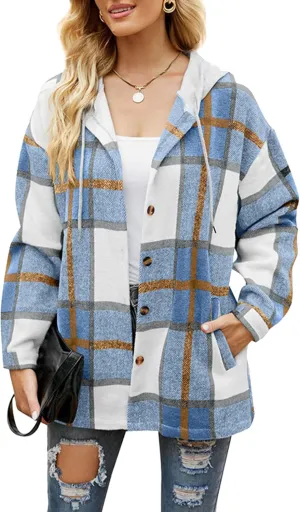 BOFETA Womens Casual Plaid Flannel Hooded Shirt Jacket Button Down Shacket Cozy Coat With Pockets