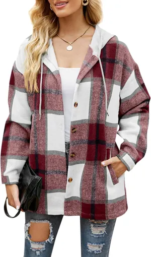 BOFETA Womens Casual Plaid Flannel Hooded Shirt Jacket Button Down Shacket Cozy Coat With Pockets