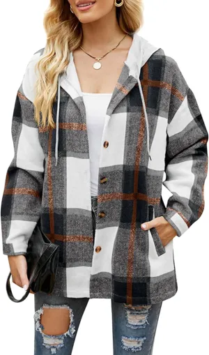 BOFETA Womens Casual Plaid Flannel Hooded Shirt Jacket Button Down Shacket Cozy Coat With Pockets