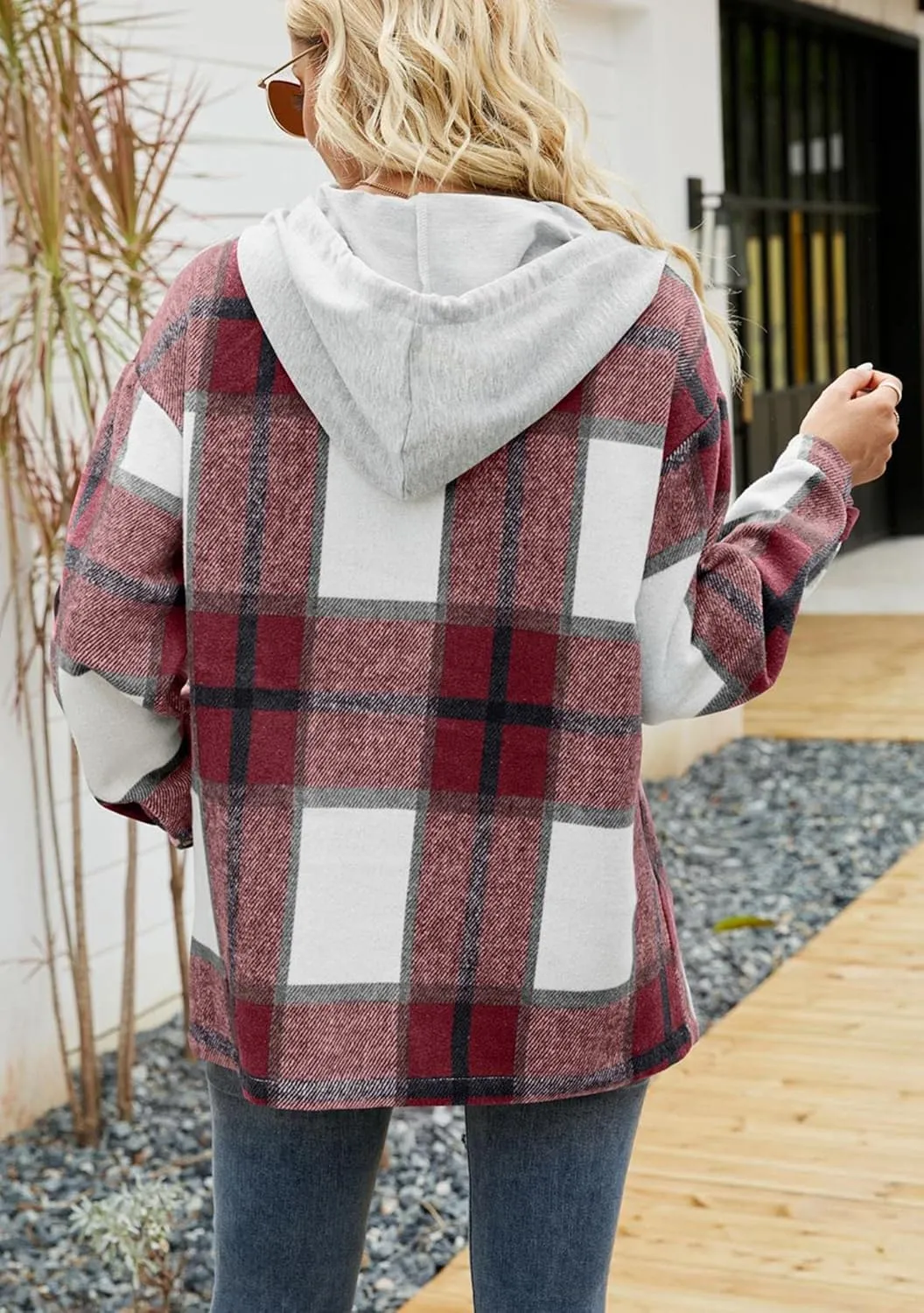 BOFETA Womens Casual Plaid Flannel Hooded Shirt Jacket Button Down Shacket Cozy Coat With Pockets