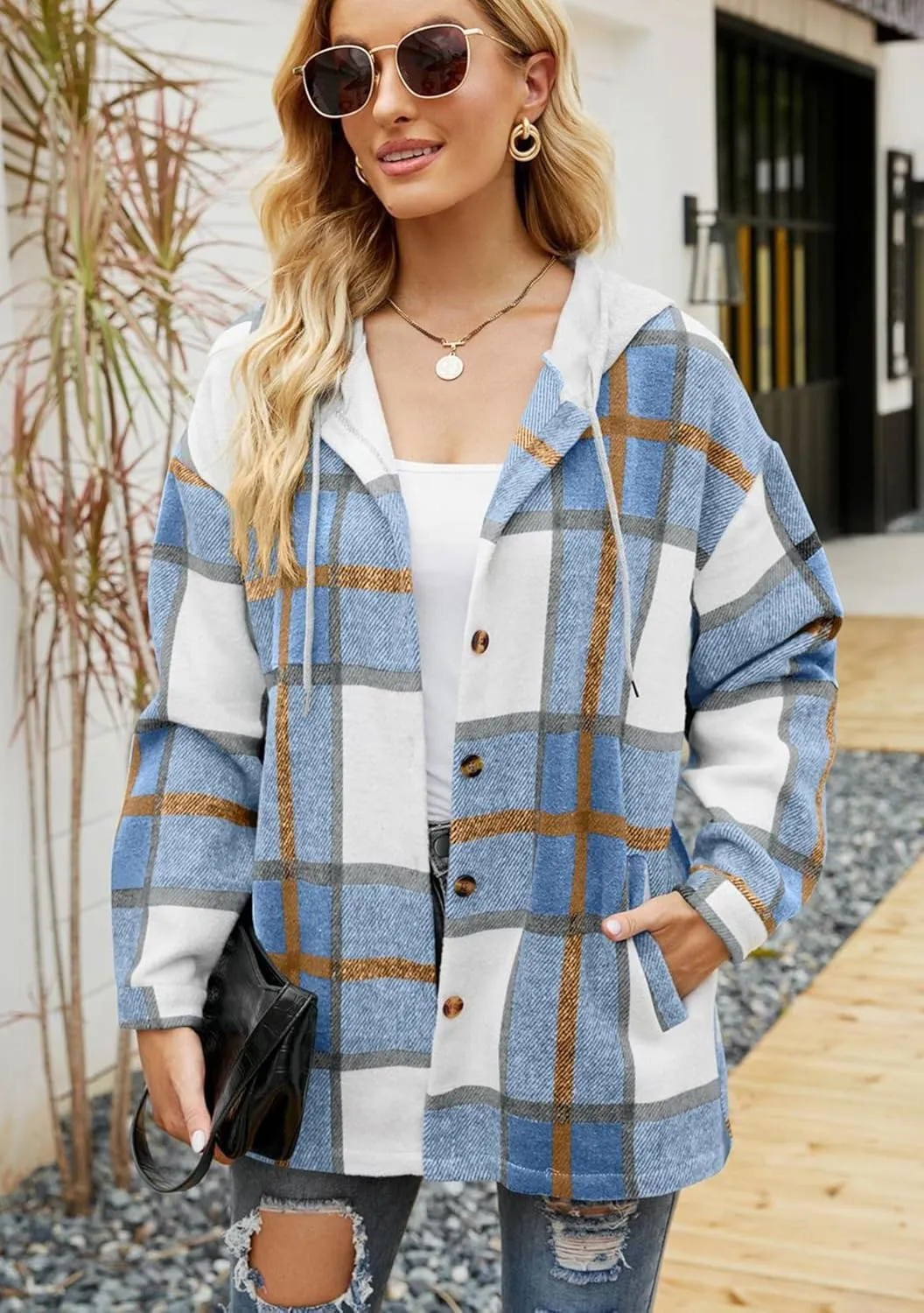 BOFETA Womens Casual Plaid Flannel Hooded Shirt Jacket Button Down Shacket Cozy Coat With Pockets
