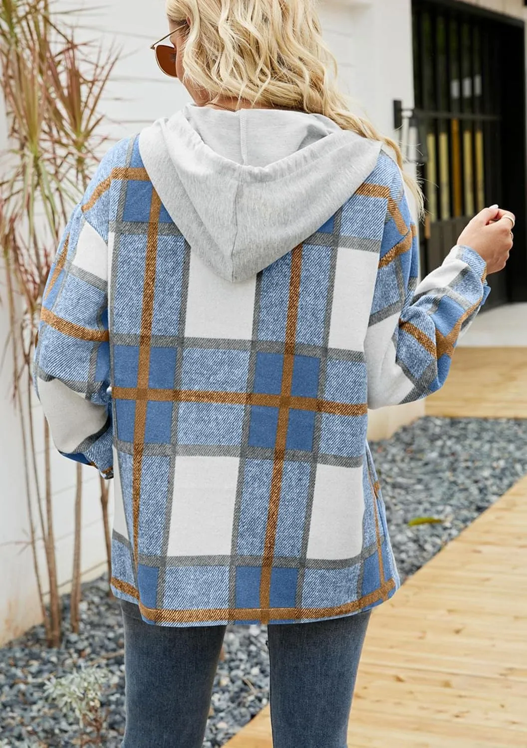BOFETA Womens Casual Plaid Flannel Hooded Shirt Jacket Button Down Shacket Cozy Coat With Pockets