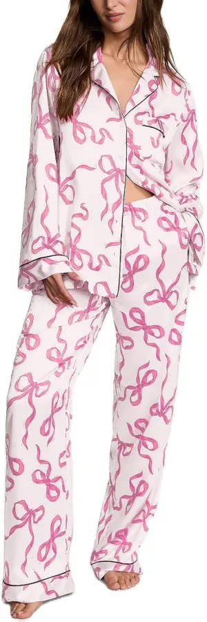 Bow Pajamas for Women Silk Satin Y2k 2 Piece Long Sleeve Shirt Pants Set Cute Valentine's Day Pjs Sleepwear