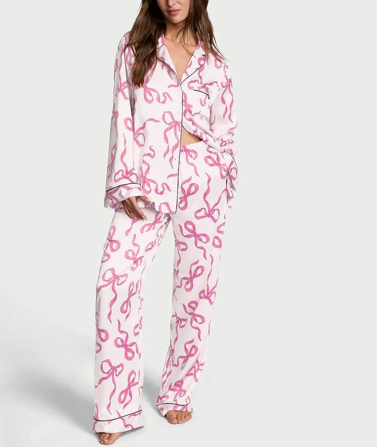 Bow Pajamas for Women Silk Satin Y2k 2 Piece Long Sleeve Shirt Pants Set Cute Valentine's Day Pjs Sleepwear