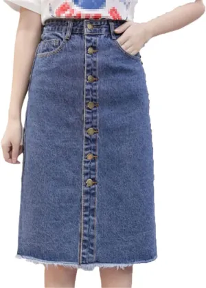 Button Front Midi Denim Skirt for Women Casual High Waist Fray Hem with Pocket Knee Length Cowboy Skirt Female