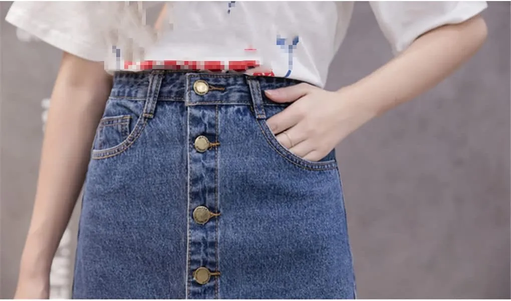 Button Front Midi Denim Skirt for Women Casual High Waist Fray Hem with Pocket Knee Length Cowboy Skirt Female