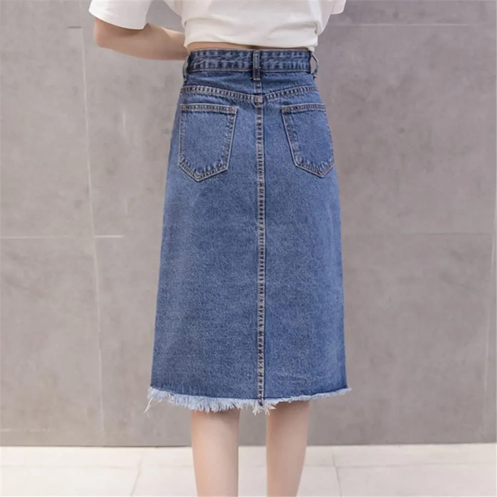 Button Front Midi Denim Skirt for Women Casual High Waist Fray Hem with Pocket Knee Length Cowboy Skirt Female
