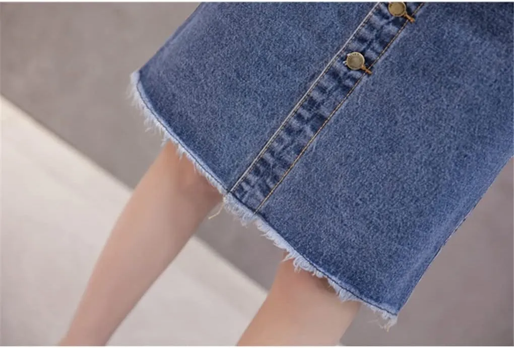 Button Front Midi Denim Skirt for Women Casual High Waist Fray Hem with Pocket Knee Length Cowboy Skirt Female