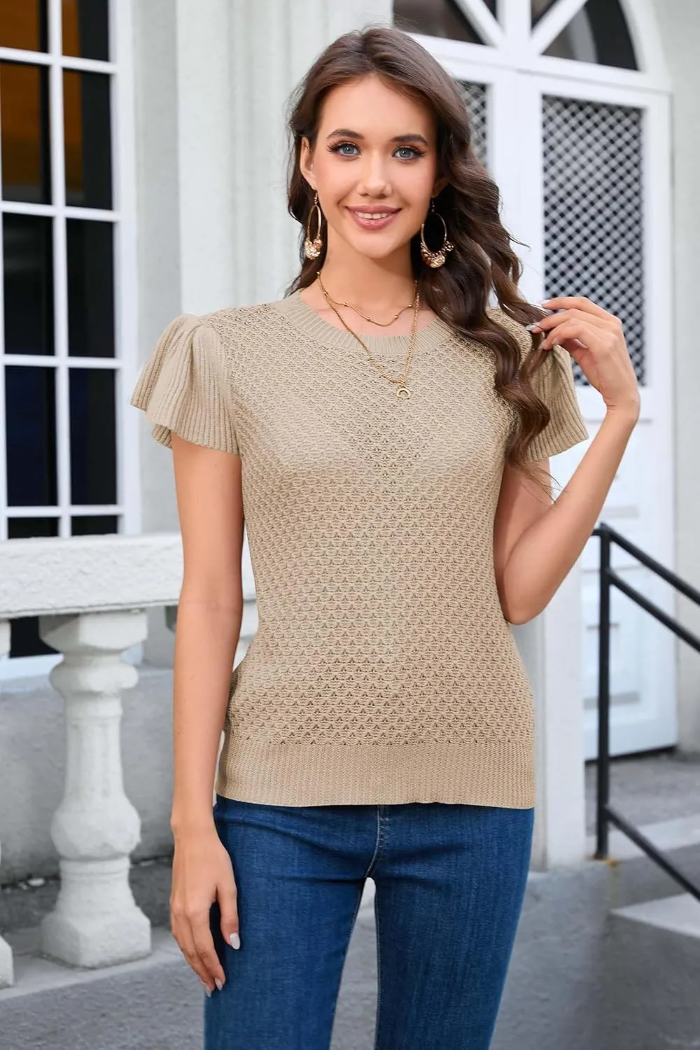 Cakulo Summer Crochet Tops for Women Ruffle Cap Short Sleeve Crew Neck Knit Hollow Out Casual Spring Sweater Top