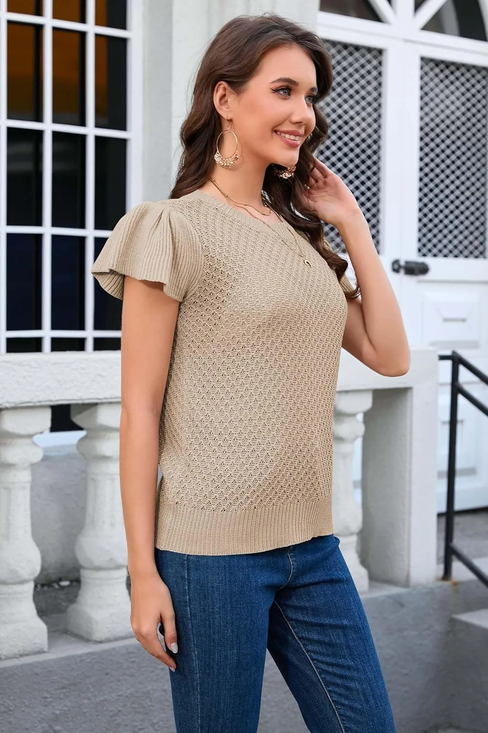 Cakulo Summer Crochet Tops for Women Ruffle Cap Short Sleeve Crew Neck Knit Hollow Out Casual Spring Sweater Top