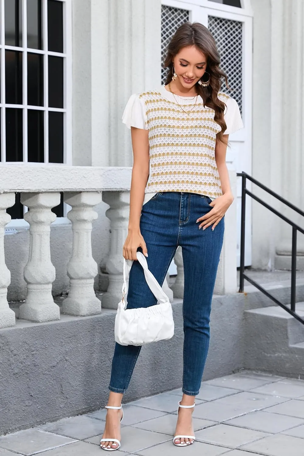 Cakulo Summer Crochet Tops for Women Ruffle Cap Short Sleeve Crew Neck Knit Hollow Out Casual Spring Sweater Top