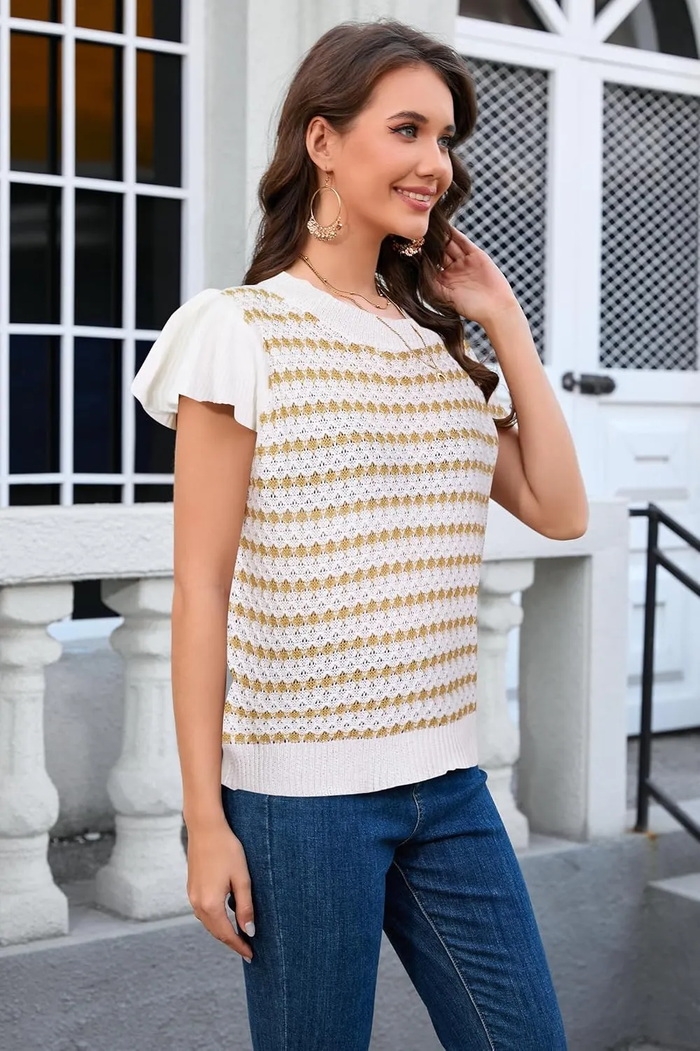 Cakulo Summer Crochet Tops for Women Ruffle Cap Short Sleeve Crew Neck Knit Hollow Out Casual Spring Sweater Top