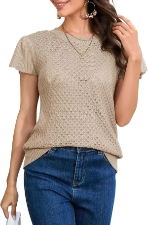 Cakulo Summer Crochet Tops for Women Ruffle Cap Short Sleeve Crew Neck Knit Hollow Out Casual Spring Sweater Top