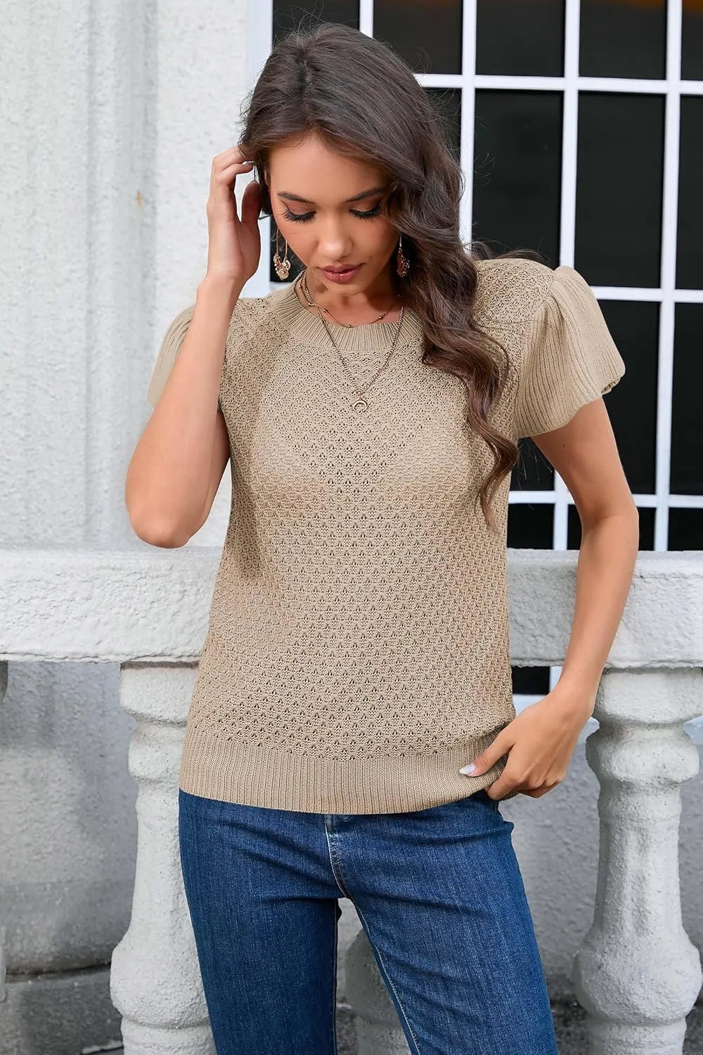Cakulo Summer Crochet Tops for Women Ruffle Cap Short Sleeve Crew Neck Knit Hollow Out Casual Spring Sweater Top