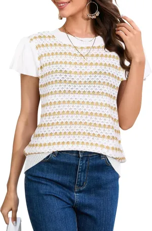 Cakulo Summer Crochet Tops for Women Ruffle Cap Short Sleeve Crew Neck Knit Hollow Out Casual Spring Sweater Top