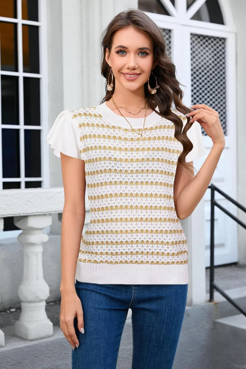 Cakulo Summer Crochet Tops for Women Ruffle Cap Short Sleeve Crew Neck Knit Hollow Out Casual Spring Sweater Top