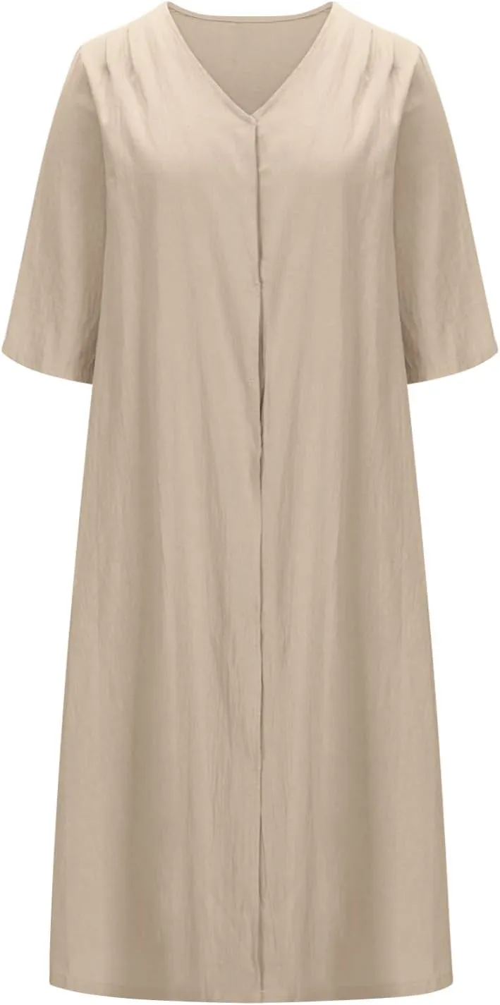 Casual Summer 2024 Midi Dresses for Women Half Sleeve V Neck Shift Dress Solid Color Loose Fit Dresses