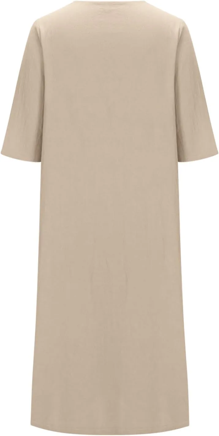 Casual Summer 2024 Midi Dresses for Women Half Sleeve V Neck Shift Dress Solid Color Loose Fit Dresses