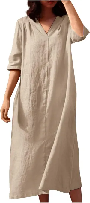 Casual Summer 2024 Midi Dresses for Women Half Sleeve V Neck Shift Dress Solid Color Loose Fit Dresses