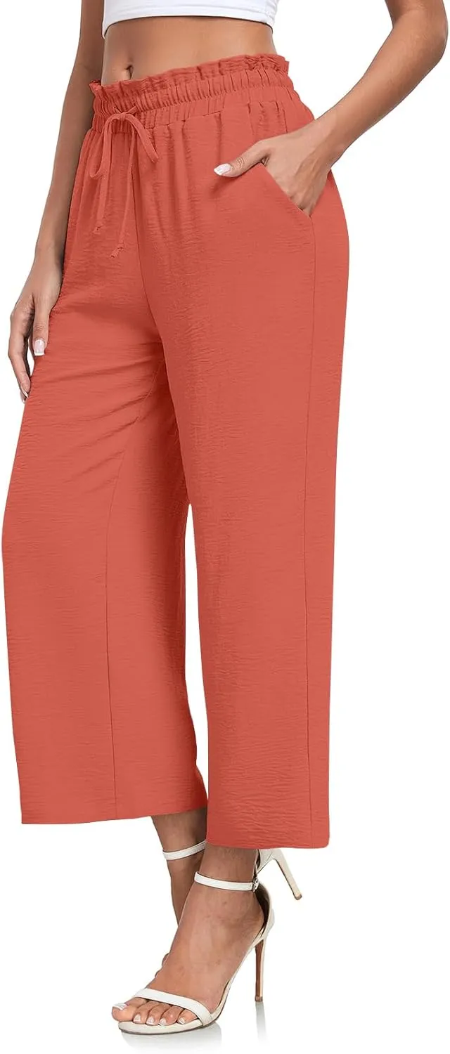 CATHY Womens Casual Wide Leg Pants Drawstring High Waisted Trousers with Pockets