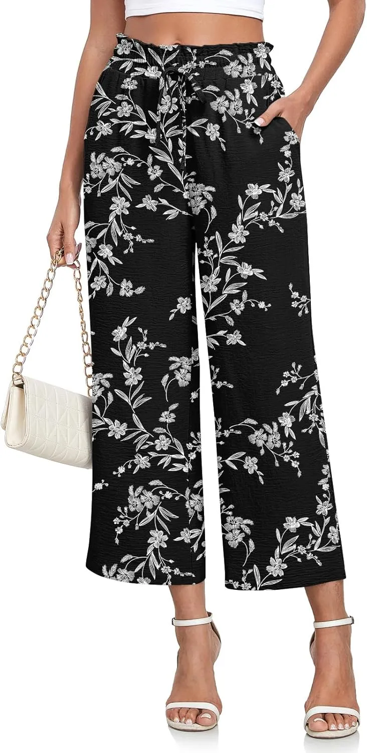 CATHY Womens Casual Wide Leg Pants Drawstring High Waisted Trousers with Pockets