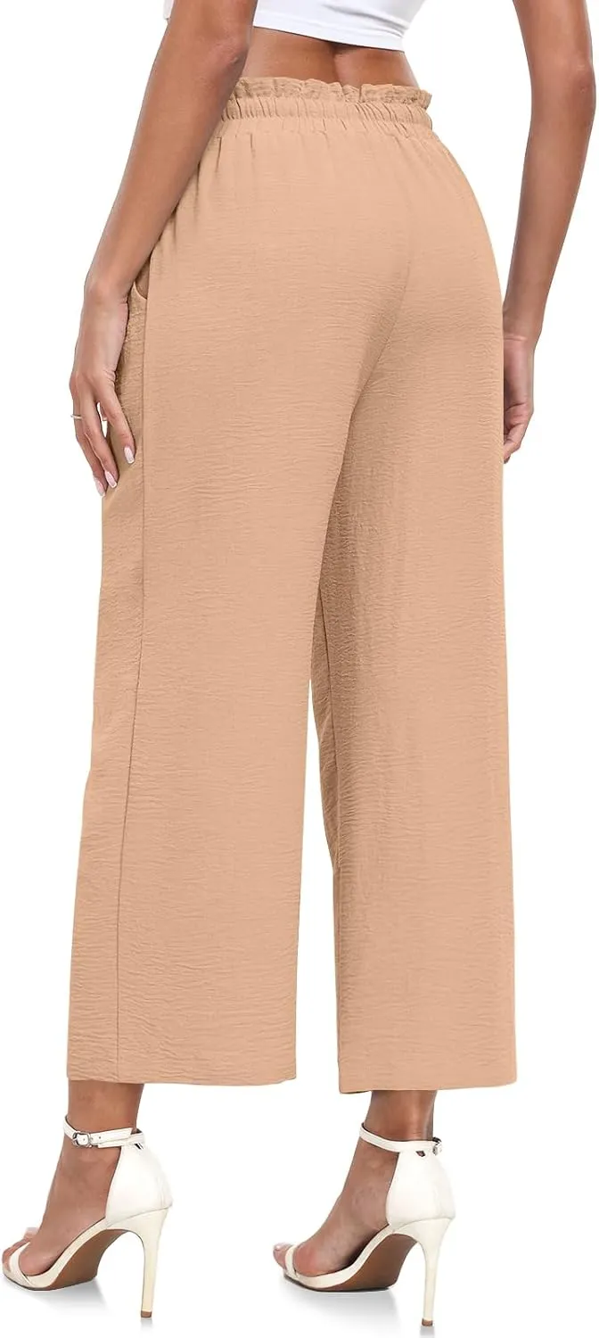 CATHY Womens Casual Wide Leg Pants Drawstring High Waisted Trousers with Pockets