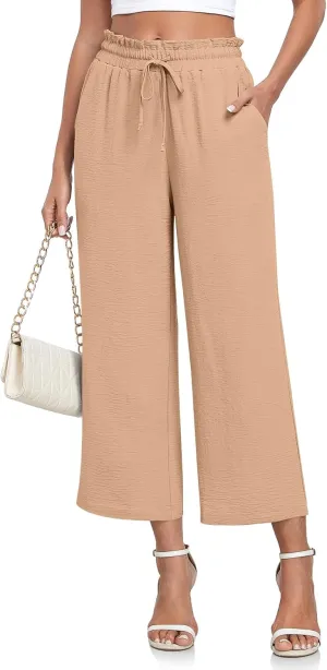 CATHY Womens Casual Wide Leg Pants Drawstring High Waisted Trousers with Pockets