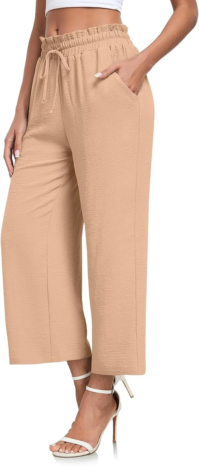 CATHY Womens Casual Wide Leg Pants Drawstring High Waisted Trousers with Pockets