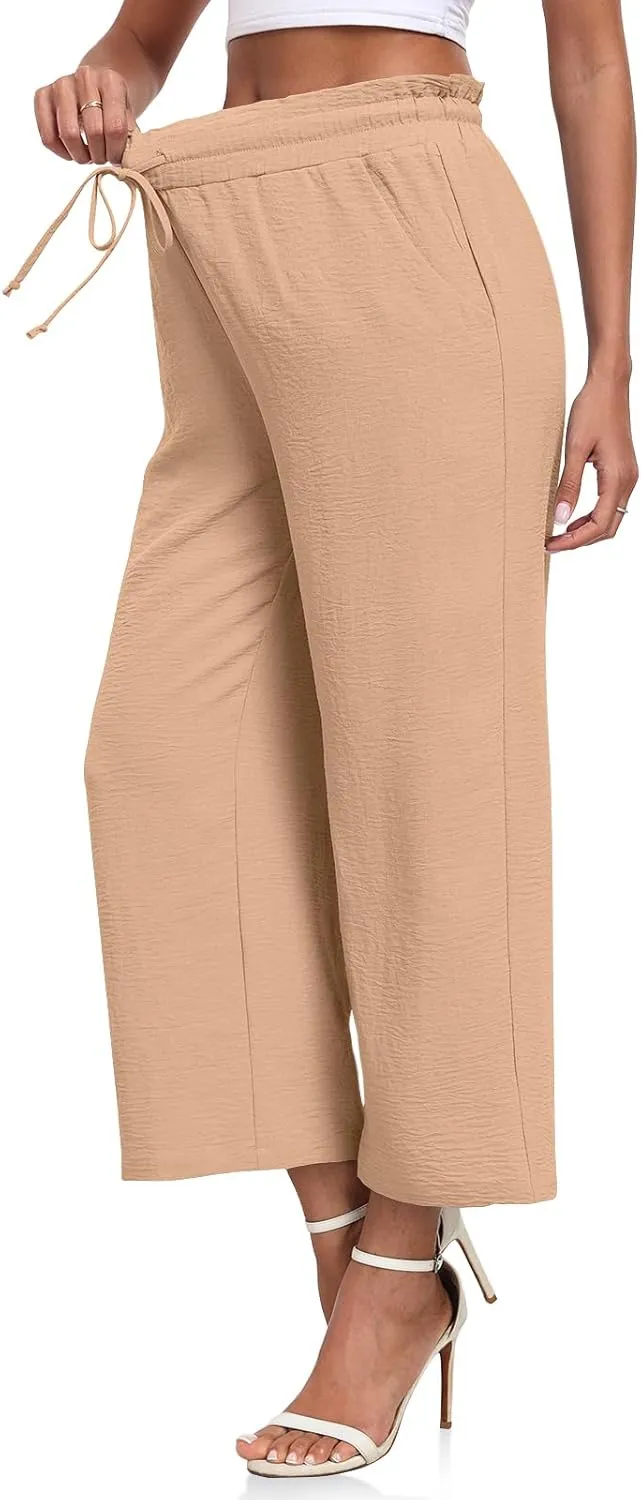 CATHY Womens Casual Wide Leg Pants Drawstring High Waisted Trousers with Pockets