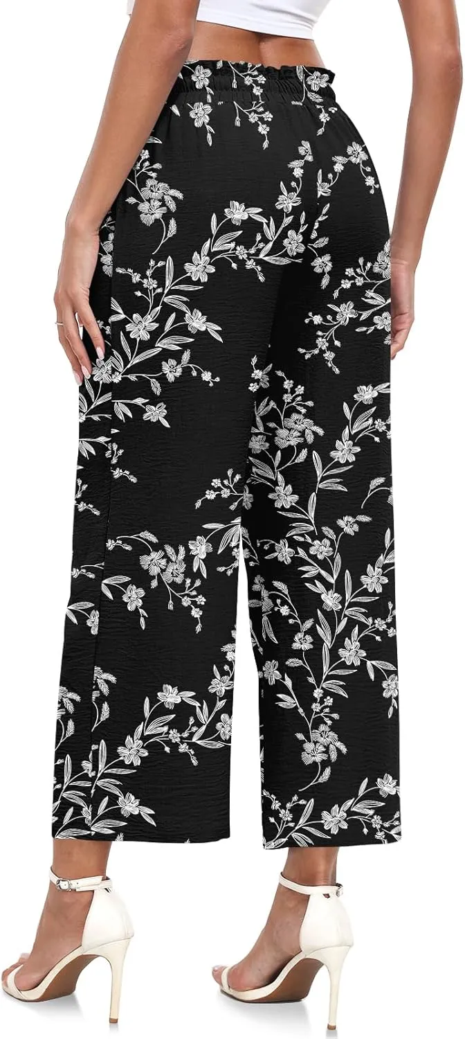 CATHY Womens Casual Wide Leg Pants Drawstring High Waisted Trousers with Pockets