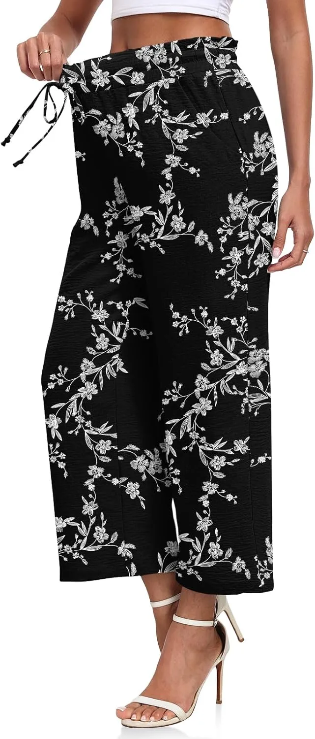 CATHY Womens Casual Wide Leg Pants Drawstring High Waisted Trousers with Pockets