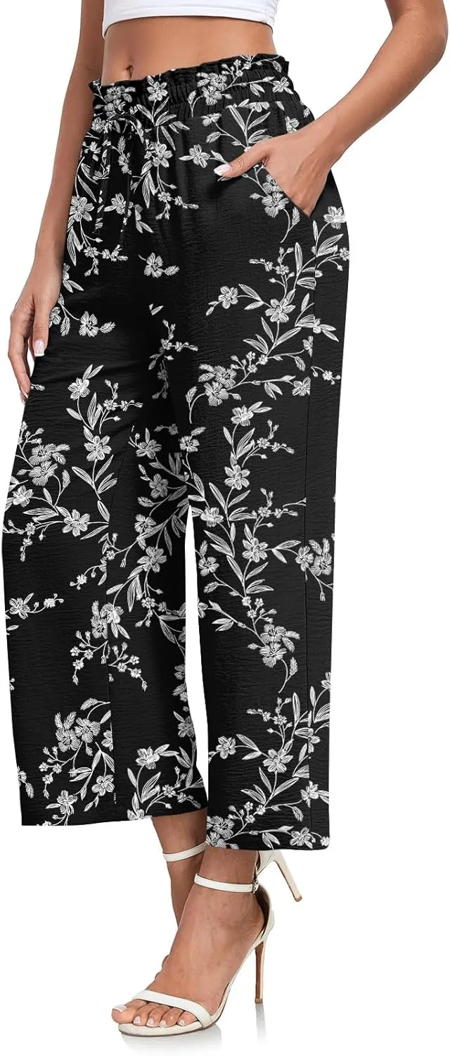 CATHY Womens Casual Wide Leg Pants Drawstring High Waisted Trousers with Pockets