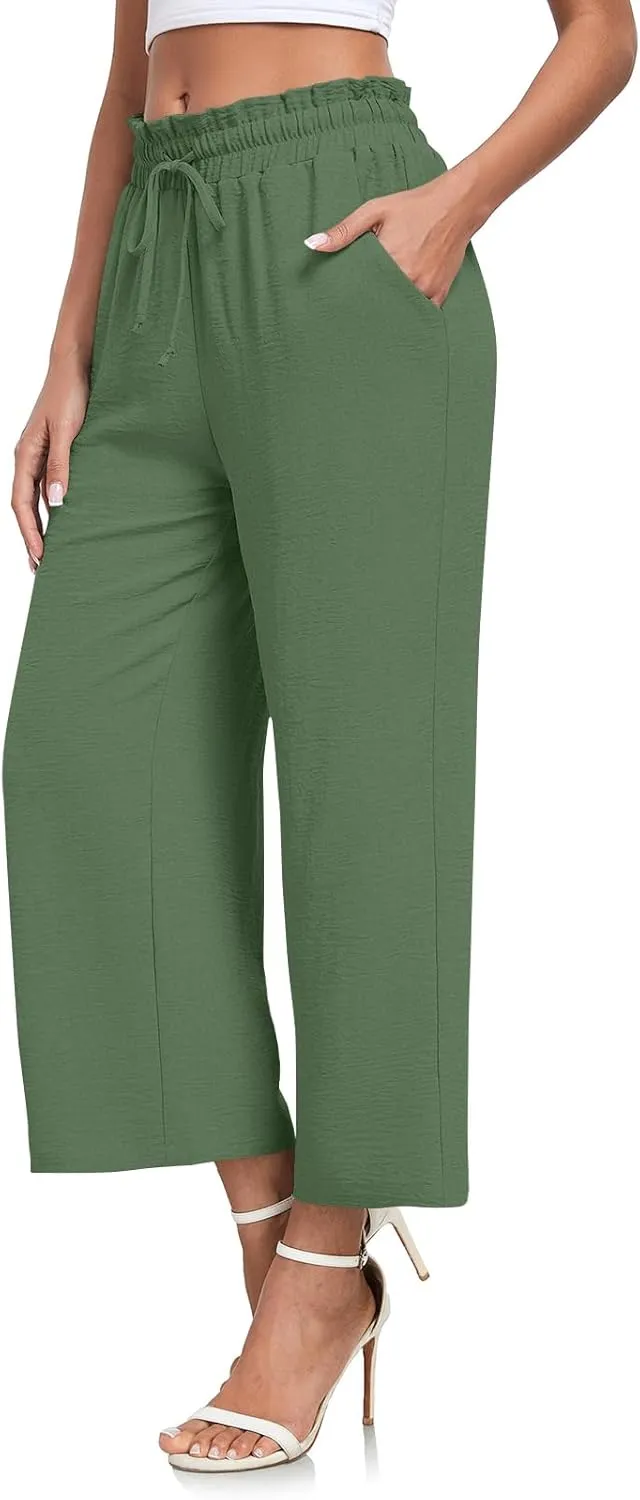 CATHY Womens Casual Wide Leg Pants Drawstring High Waisted Trousers with Pockets