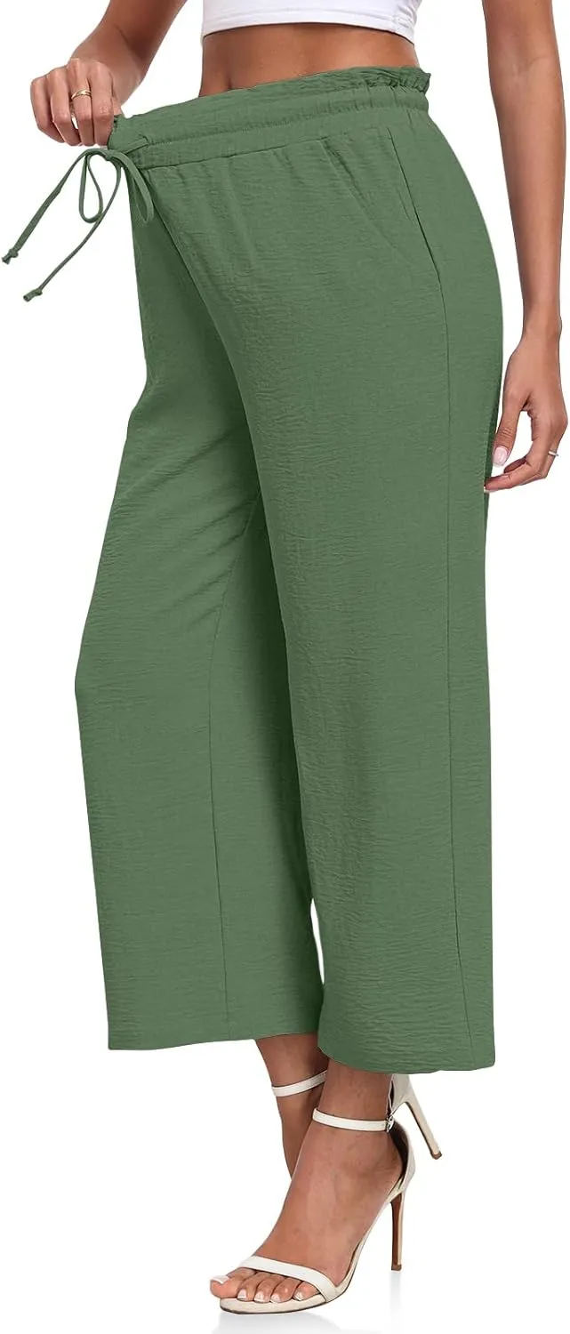 CATHY Womens Casual Wide Leg Pants Drawstring High Waisted Trousers with Pockets